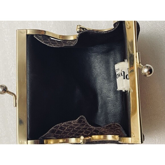 VTG Italian Suede Leather Coin Purse Kiss Lock Gold Hardware Brown Geometric - Picture 8 of 11